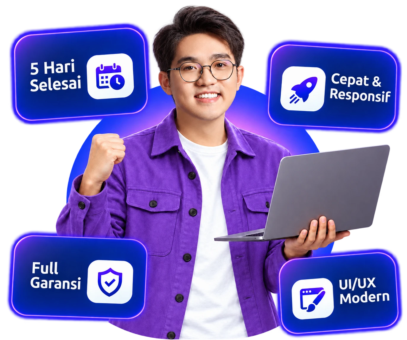 Pria tersenyum membawa laptop dengan highlight layanan Webkubator.